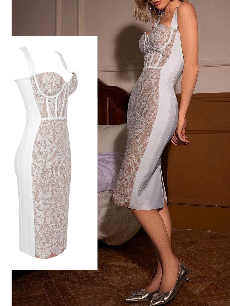 Meilun Lace Fishbone Midi Cocktail Party Bandage Dress for Women Back Slit Wedding Guest Dress (A-White,M) - Image 4