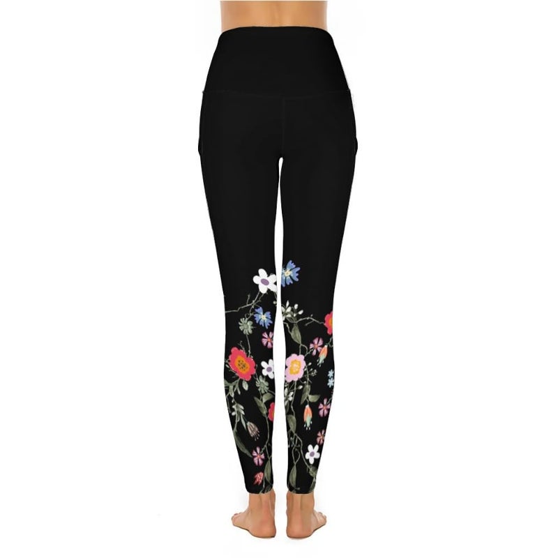 KevaMolly Women's Workout Leggings with Pockets High Waisted Tummy Control No See Through Stretch Activewear Running Yoga Pants, Black Flower M - Image 3
