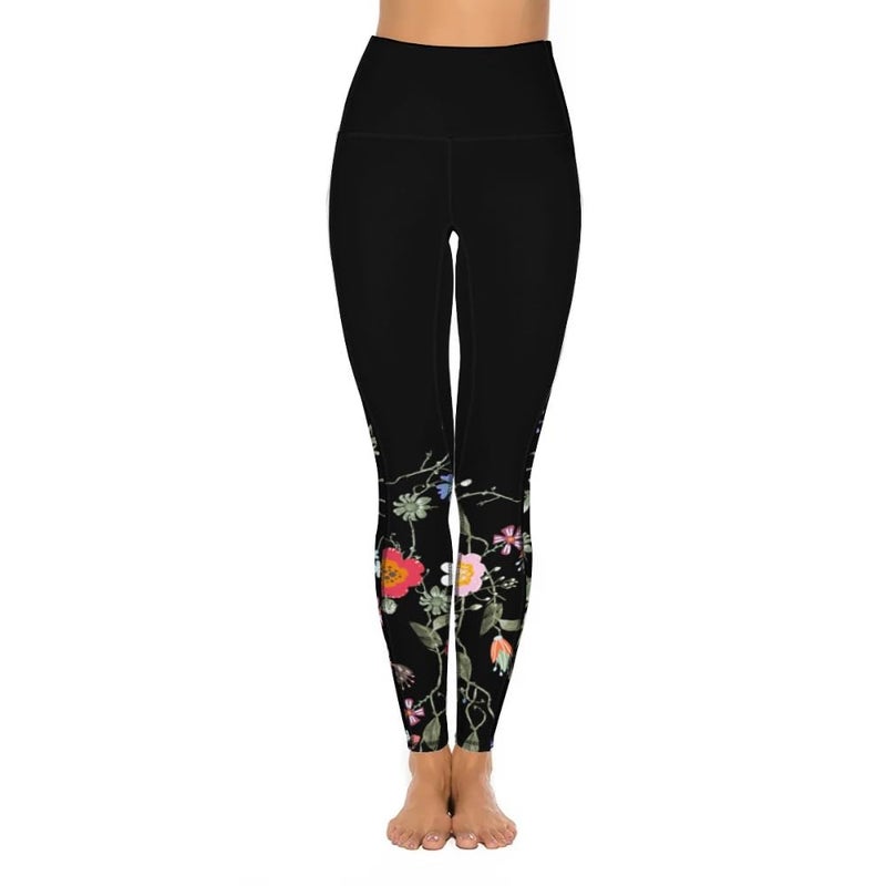 KevaMolly Women's Workout Leggings with Pockets High Waisted Tummy Control No See Through Stretch Activewear Running Yoga Pants, Black Flower M - Image 2