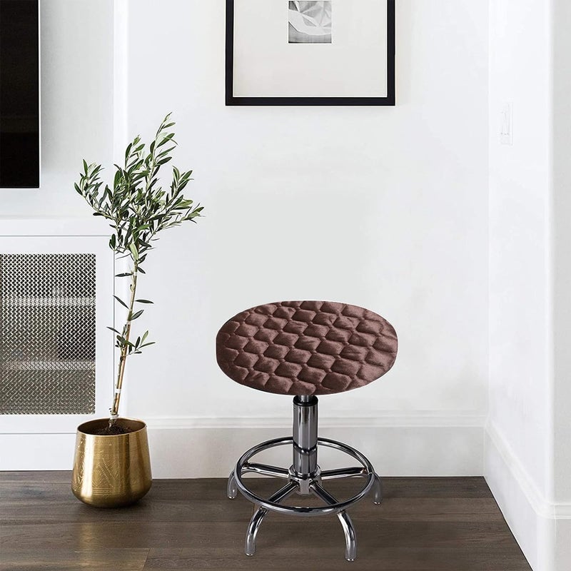 Elastic Round Stool Cover, Stretchy Chair Cushion Protector, Coffee Color Cotton Fabric Seat Slipcover for Home and Office Use - Image 5