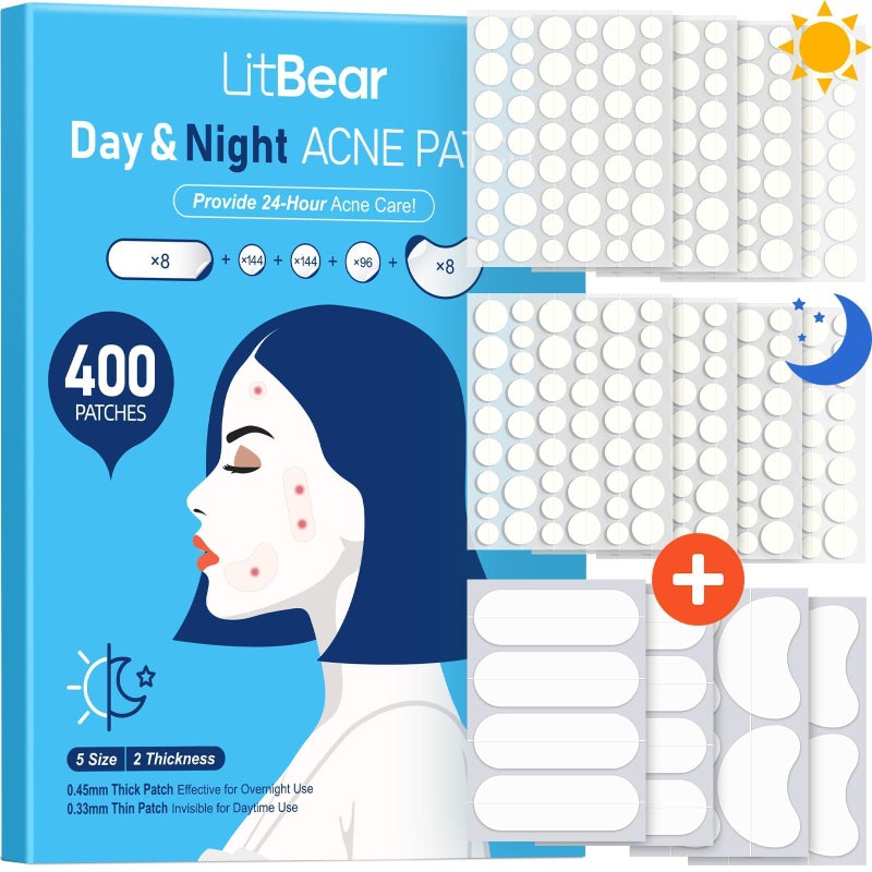 LitBear Pimple Patches for Face, 400 Counts Day and Night Acne Patches, Hydrocolloid Patches for Covering Zit and Blemishes, Large Breakouts, 5 Sizes Thin & Thick Spot Dots Stickers for Chin, Forehead - Image 1