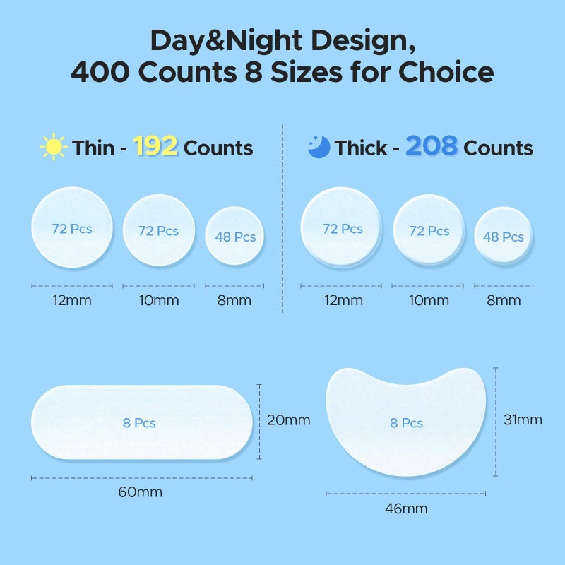 LitBear Pimple Patches for Face, 400 Counts Day and Night Acne Patches, Hydrocolloid Patches for Covering Zit and Blemishes, Large Breakouts, 5 Sizes Thin & Thick Spot Dots Stickers for Chin, Forehead - Image 2