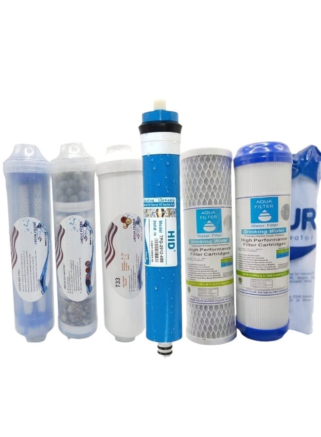 Aqua Filter 7-Stage Replacement Cartridge Set - Featuring High-Performance HID 100GPD Membrane for Superior Water Flow