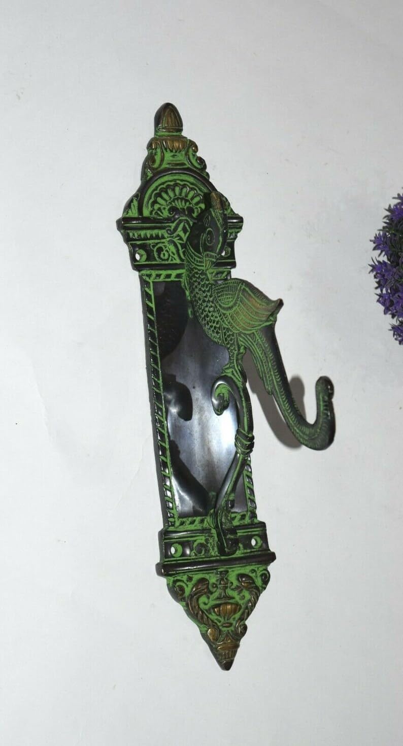 Das Traders Brass Parrot Wall Hook | Echo Bird Wall Towel Hanger | Peacock Shape Bathroom Wall Decor Atique Green Colour for Home and mandir - Image 2