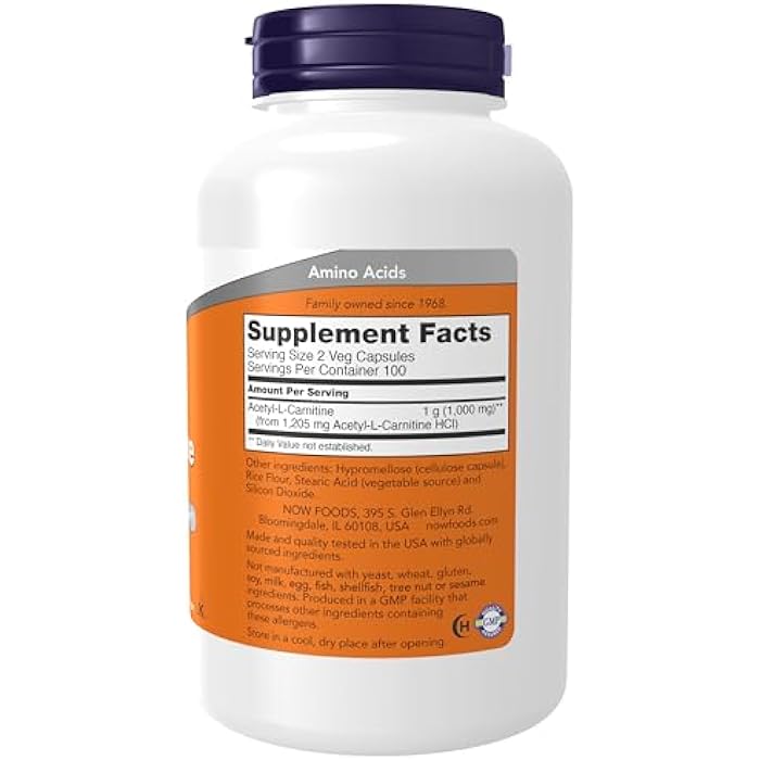 NOW Foods Supplements, Acetyl-L Carnitine 500 mg, Amino Acid, Brain And Nerve Cell Function*, 200 Veg Capsules - Image 2