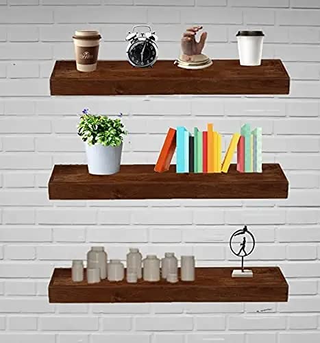 VM DECOR Solid sheesham Wood Floating Wall Shelf Mounted Wall Decor for Kitchen Storage Bedroom Set of 3 20 inches Dark Brown Size Color Also costmisable 20 inches - Image 1
