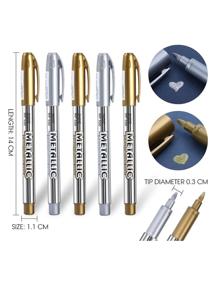 JOYT 5 Pack Gold and Silver Metallic Marker Pens, Permanent Glitter, Art Craft Markers for Card Making, Drawing, Lettering - Image 2