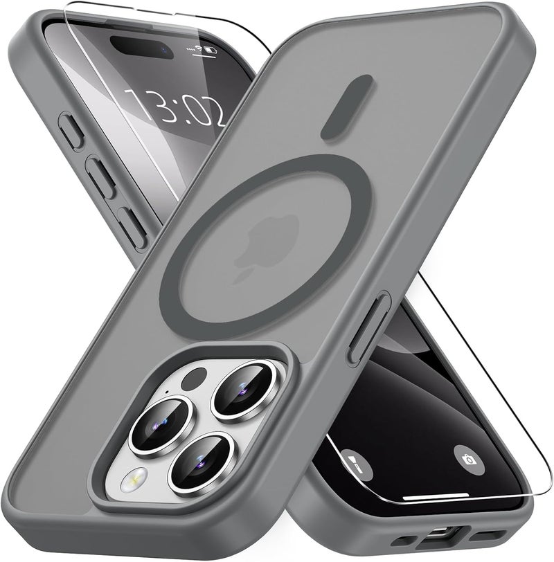 حافظة مغناطيسية لـ iPhone 15 Pro مع زجاج واقي واحد، متوافقة مع Magsafe، حماية من السقوط وفق المعايير العسكرية، ظهر غير لامع شفاف، حافظة هاتف مقاومة للصدمات، رمادي تيتانيوم - Image 2