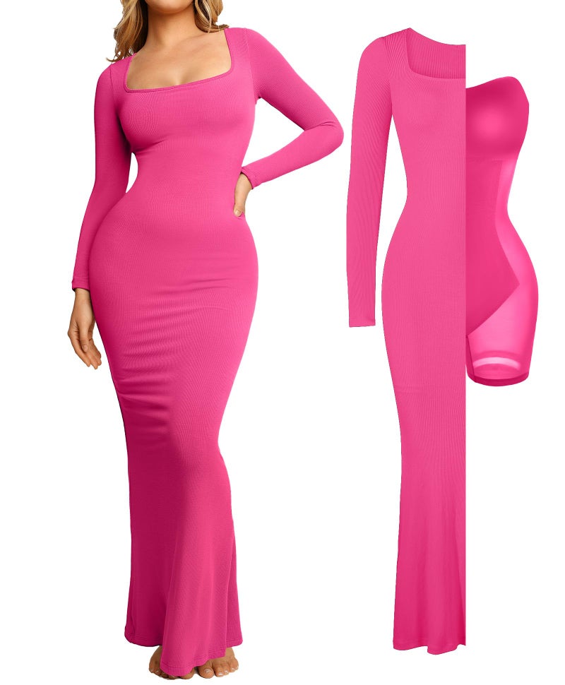 Popilush Long Sleeve Maxi Dress - Shapewear Formal Cocktail Dresses for Women Fall Square Neck Bodycon Dress Built-in Bra Pink - Image 1