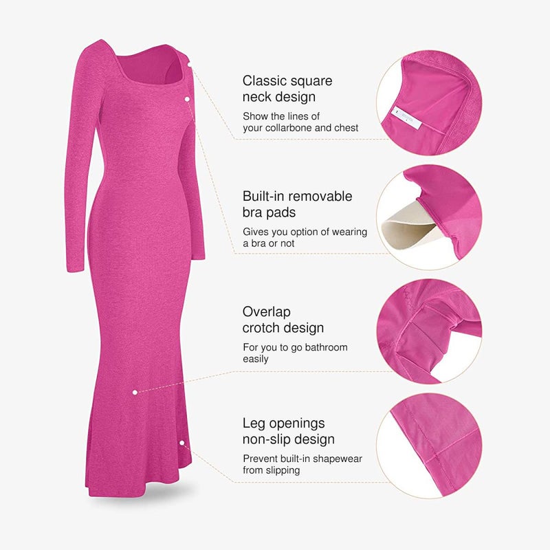 Popilush Long Sleeve Maxi Dress - Shapewear Formal Cocktail Dresses for Women Fall Square Neck Bodycon Dress Built-in Bra Pink - Image 4