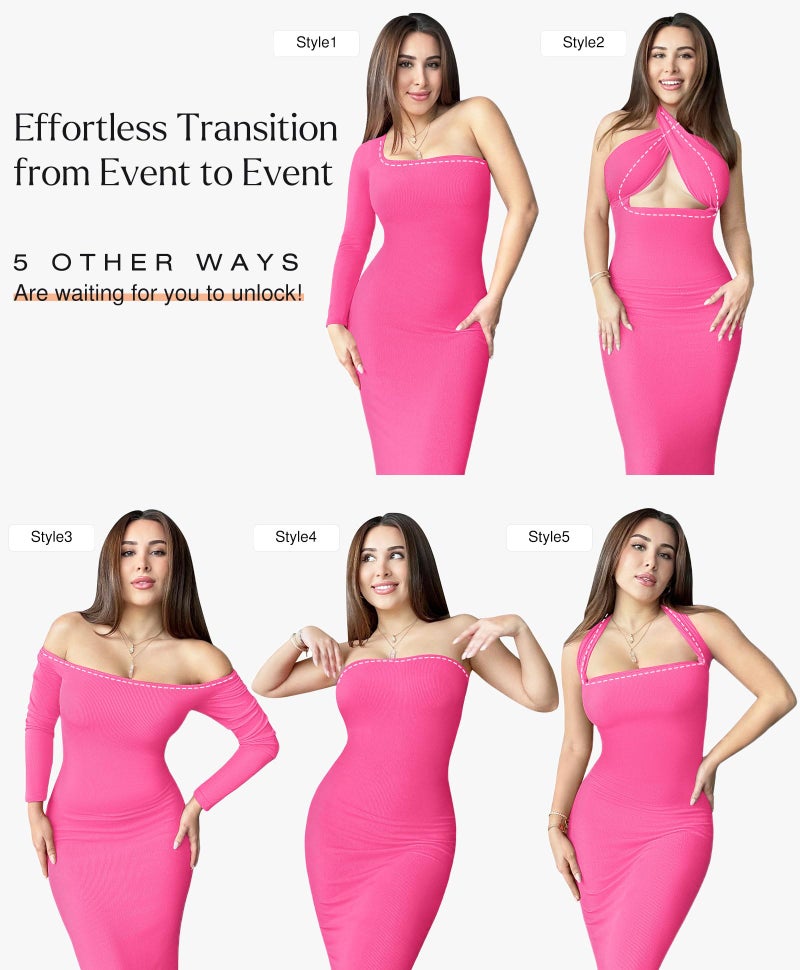 Popilush Long Sleeve Maxi Dress - Shapewear Formal Cocktail Dresses for Women Fall Square Neck Bodycon Dress Built-in Bra Pink - Image 3