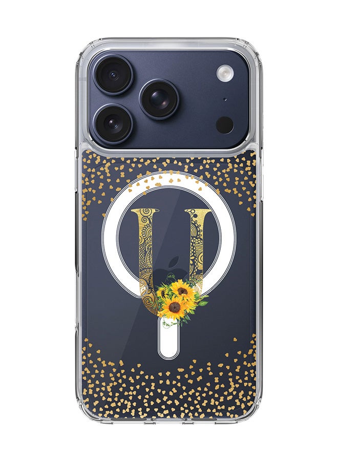 Stylizedd Classic Clear MagSafe Case for iPhone 17 Pro , Hybrid Soft Case Flexible Edges Anti Drop TPU PC Gel Thin Transparent Cover [ Designed for iPhone 17 Pro ] - Custom Monogram Initial Letter Floral Pattern Alphabet - U  (Clear )