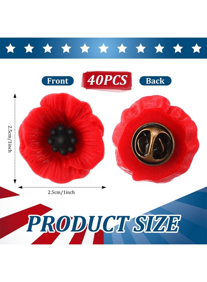 Cindeer 40 قطعة دبابيس زهرة الخشخاش ليوم المحاربين القدامى 1 بوصة دبابيس خشخاش حمراء من الراتنج دبابيس لابيل لننسى أبداً هدية يوم الخشخاش يوم الذكرى دبابيس صغيرة زهرة تذكارية لنساء ورجال الزفاف - Image 2