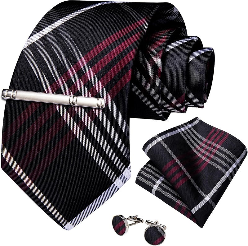 DiBanGu Plaid Ties for Men Silk Checkered Necktie and Pocket Square Cufflinks Tie Clip Set with Gift Box for Wedding Business - Image 3