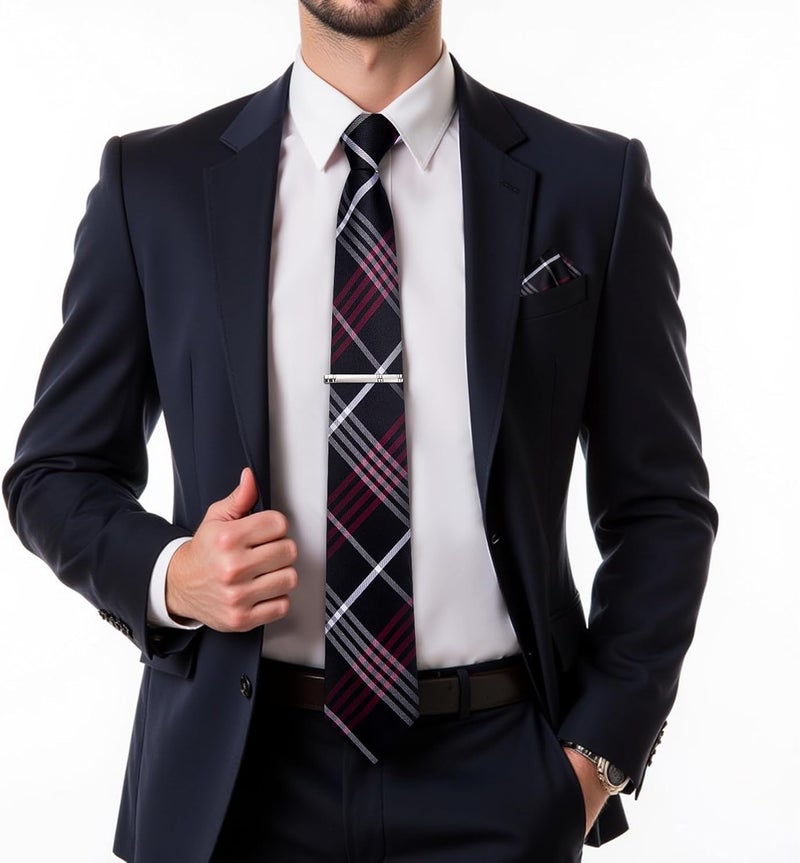 DiBanGu Plaid Ties for Men Silk Checkered Necktie and Pocket Square Cufflinks Tie Clip Set with Gift Box for Wedding Business - Image 2