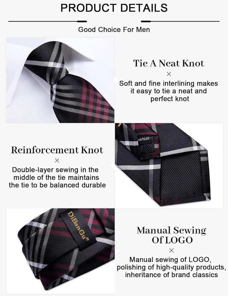 DiBanGu Plaid Ties for Men Silk Checkered Necktie and Pocket Square Cufflinks Tie Clip Set with Gift Box for Wedding Business - Image 4
