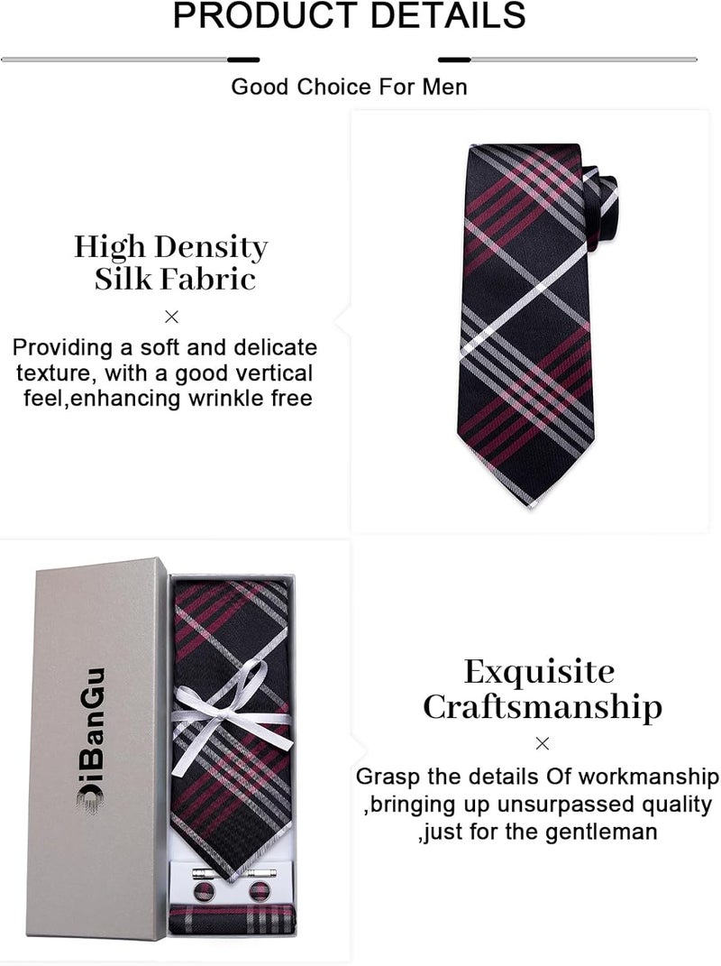 DiBanGu Plaid Ties for Men Silk Checkered Necktie and Pocket Square Cufflinks Tie Clip Set with Gift Box for Wedding Business - Image 5