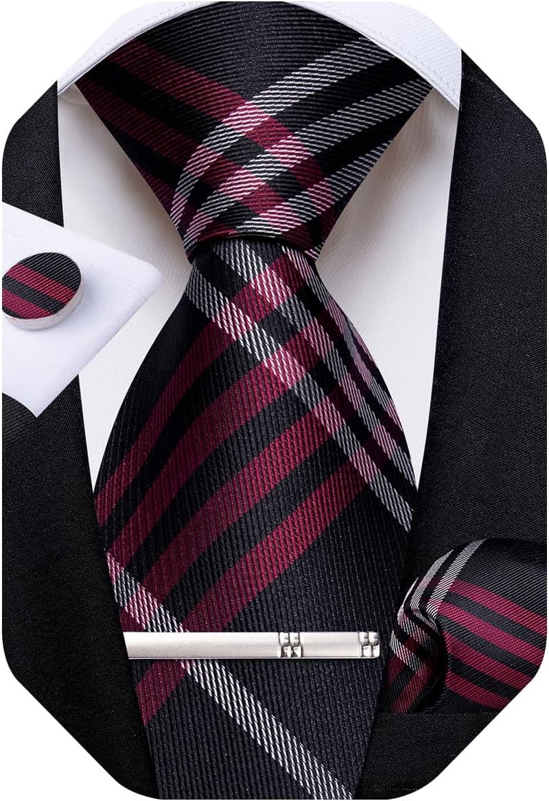 DiBanGu Plaid Ties for Men Silk Checkered Necktie and Pocket Square Cufflinks Tie Clip Set with Gift Box for Wedding Business - Image 1