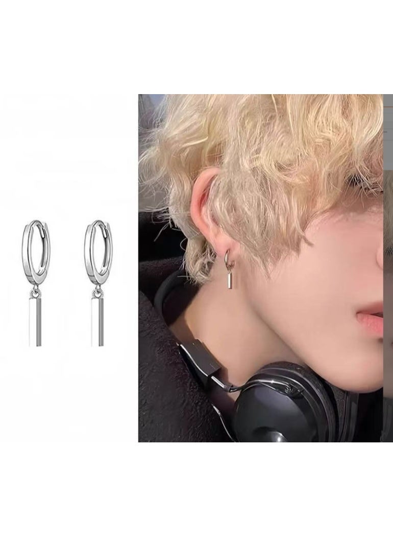 Hoop Dangle Earrings For Men Stainless Pendant Earrings  Silver - Image 1