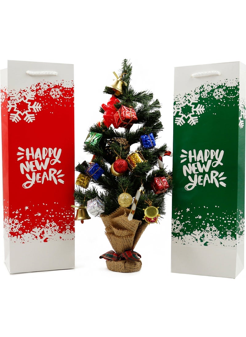 Repro Design New Year Themed 2 Pieces Green-Red Happy New Year Printed Bottle Size Cardboard Bag, Gift Box  - Image 1