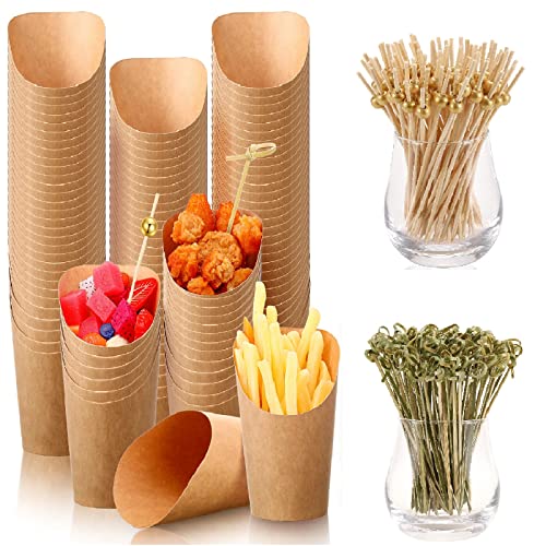 500 Pcs Paper Charcuterie Cups Disposable Set Include 100 Kraft Paper Appetizer Cups 12 oz with 400 Bamboo Cocktail Picks 2 Type for French Fry Cream Cones Food ContainersBrown