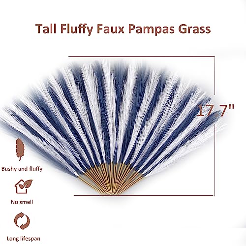 Acfruits Blue and White Pampas Grass Decor, 30 Pcs 17" Faux Pampas Grass Short Decor, Pompas Grass Flower Arrangement and Vase Filler for Boho Home Wedding Decoration - Image 2