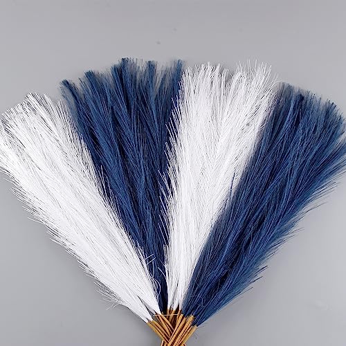 Acfruits Blue and White Pampas Grass Decor, 30 Pcs 17" Faux Pampas Grass Short Decor, Pompas Grass Flower Arrangement and Vase Filler for Boho Home Wedding Decoration - Image 1
