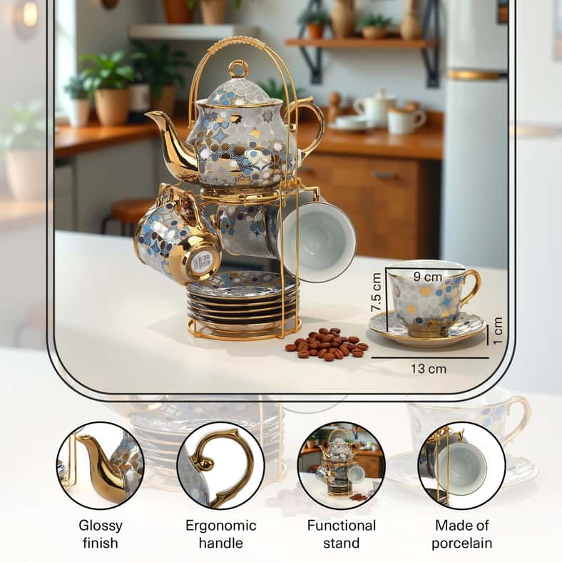 Pan Home Foris 14-Piece Tea Set - Cup 220ml + Pot 950ml - Blue - Image 5