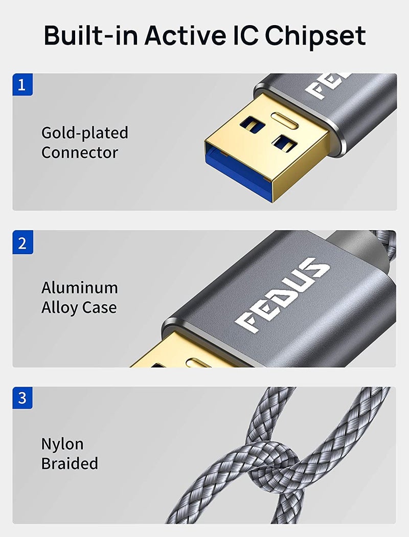 FEDUS USB 3.0 Extension Cable 3M, Aluminum Alloy USB Cable Extender SuperSpeed USB 3.0 Type A Male to USB A Female Extension Cord for Printer, TV, PlayStation, Xbox, Hard Drive, Keyboard, USB hub - Image 3