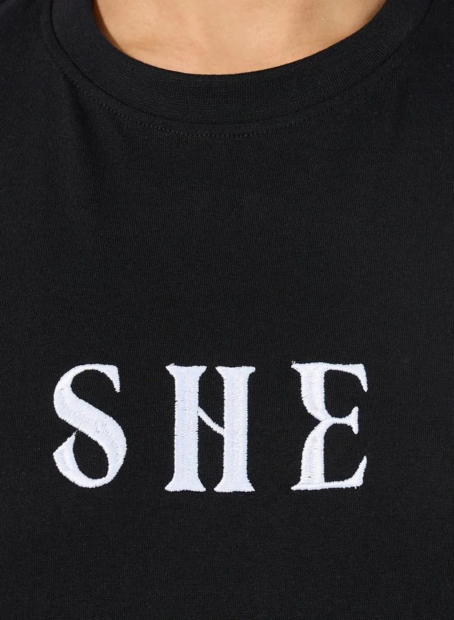 Styli Oversized Embroidered She Slogan T-Shirt