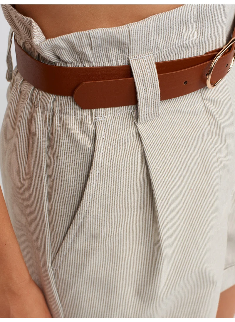 Dilvin 71140 Elastic Waist Belted Shorts-Beige