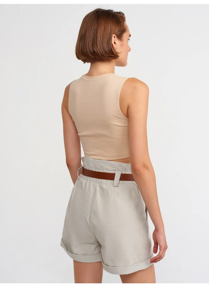 Dilvin 71140 Elastic Waist Belted Shorts-Beige