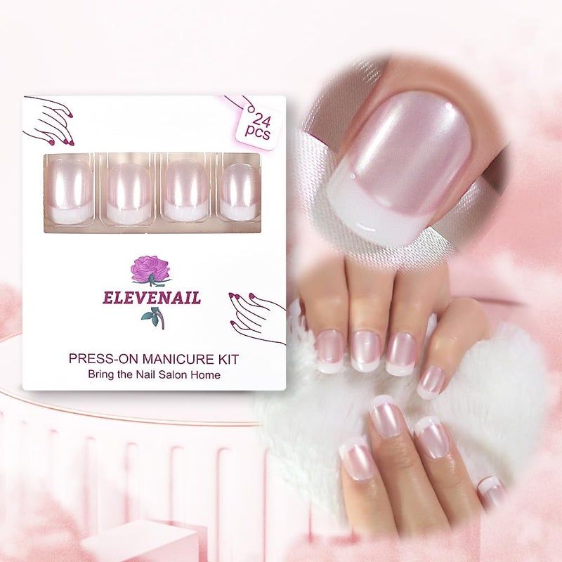 Elevenail Summer Nails Glossy Pearl Pink White French False Nails Short Squoval Press on Nails Fake Salon Manicure Faux Ongles Reusable Nail Art Tips Gift for Women and Girls - Image 5