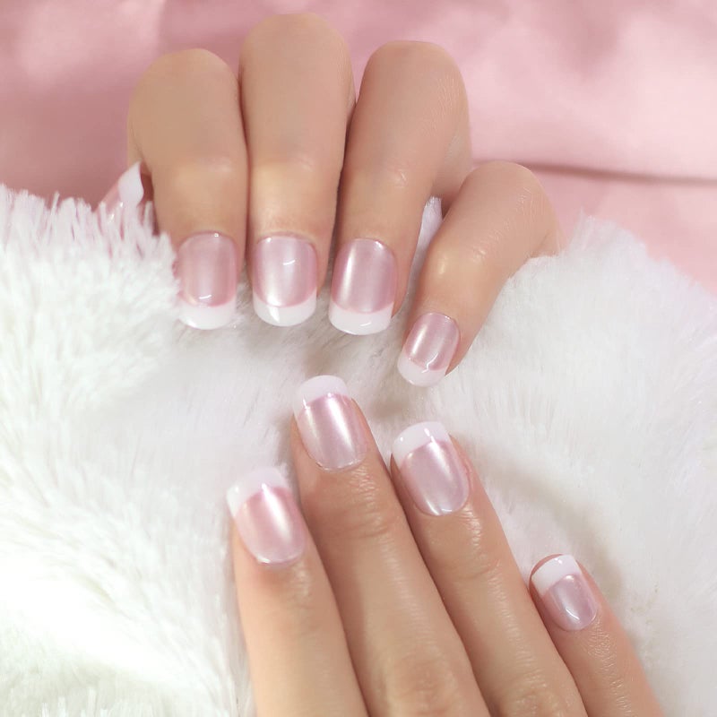 Elevenail Summer Nails Glossy Pearl Pink White French False Nails Short Squoval Press on Nails Fake Salon Manicure Faux Ongles Reusable Nail Art Tips Gift for Women and Girls - Image 2