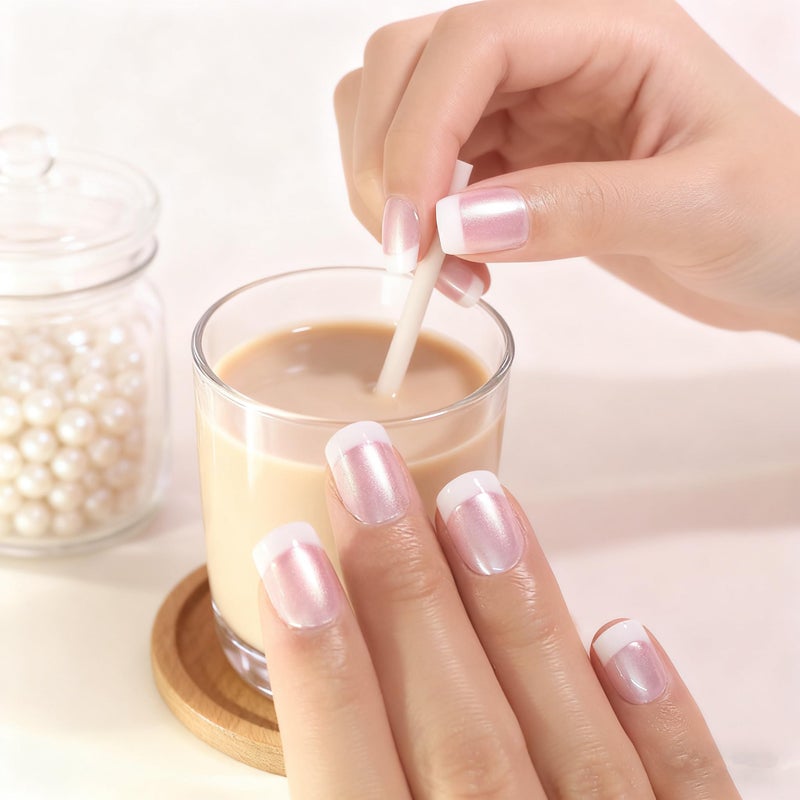 Elevenail Summer Nails Glossy Pearl Pink White French False Nails Short Squoval Press on Nails Fake Salon Manicure Faux Ongles Reusable Nail Art Tips Gift for Women and Girls - Image 4