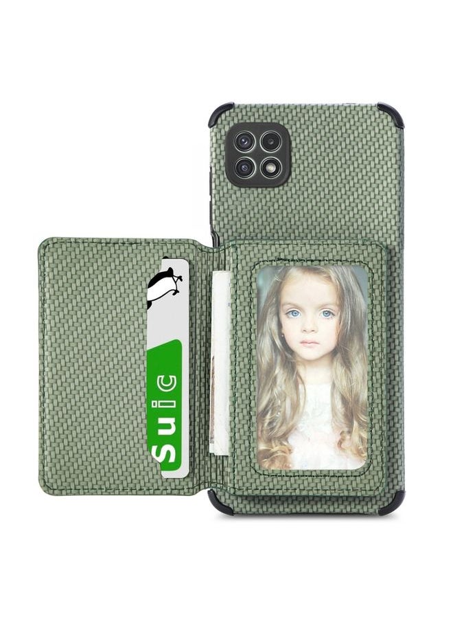 Generic Case Cover For Samsung Galaxy A22 5G Carbon Fiber Magnetic Card Bag TPU+PU Shockproof Back Cover Case with Holder & Card Slot & Photo Frame Green 