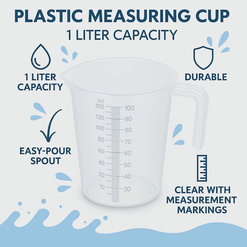 FITTO Plastic Measuring Cup, 1 Liter Capacity, Durable, Easy-Pour Spout, Clear with Measurement Markings - Image 2