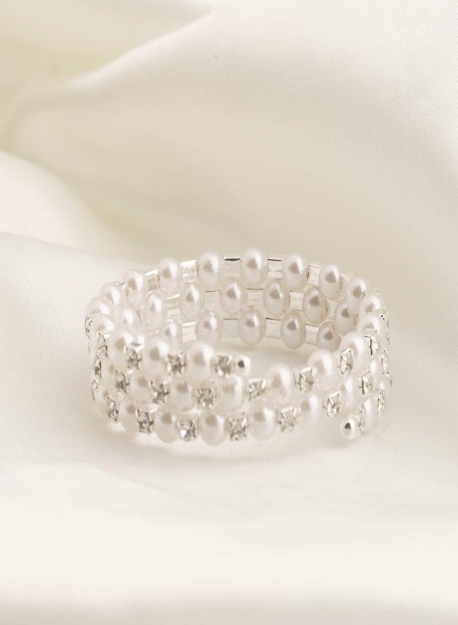 ميوسبارك سوار MYOSPARK متعدد الطبقات من اللؤلؤ وأحجار الراين، سوار ملفوف، هدية مجوهرات زفاف للعروس والأم ووصيفات العروس (سوار لؤلؤ متعدد الطبقات) - Image 3