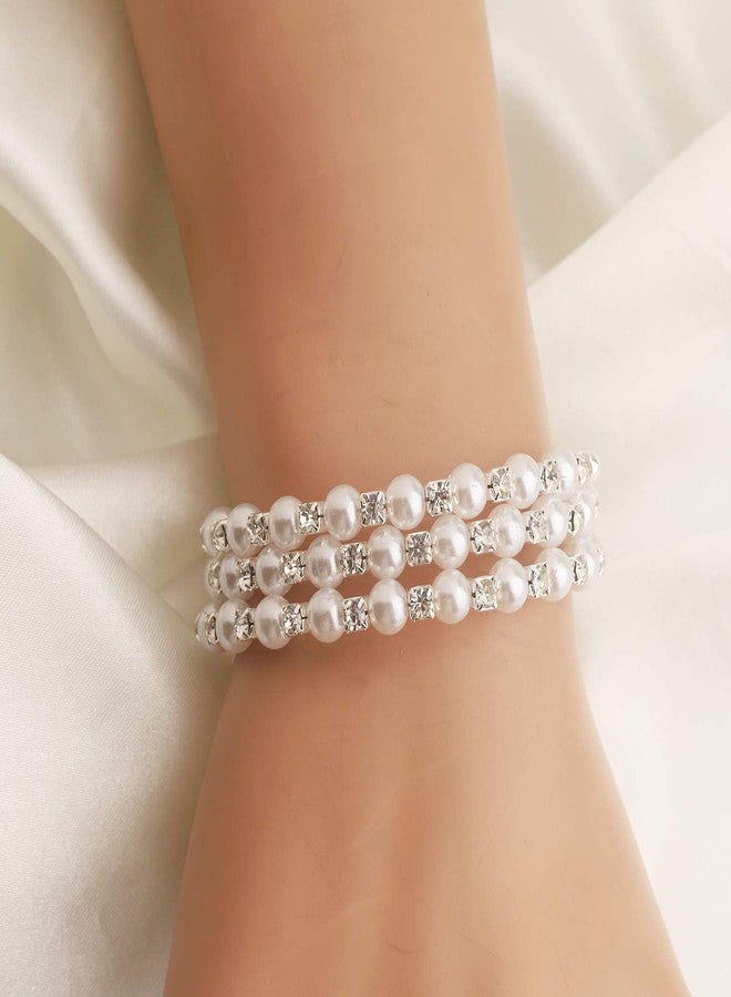 ميوسبارك سوار MYOSPARK متعدد الطبقات من اللؤلؤ وأحجار الراين، سوار ملفوف، هدية مجوهرات زفاف للعروس والأم ووصيفات العروس (سوار لؤلؤ متعدد الطبقات) - Image 2