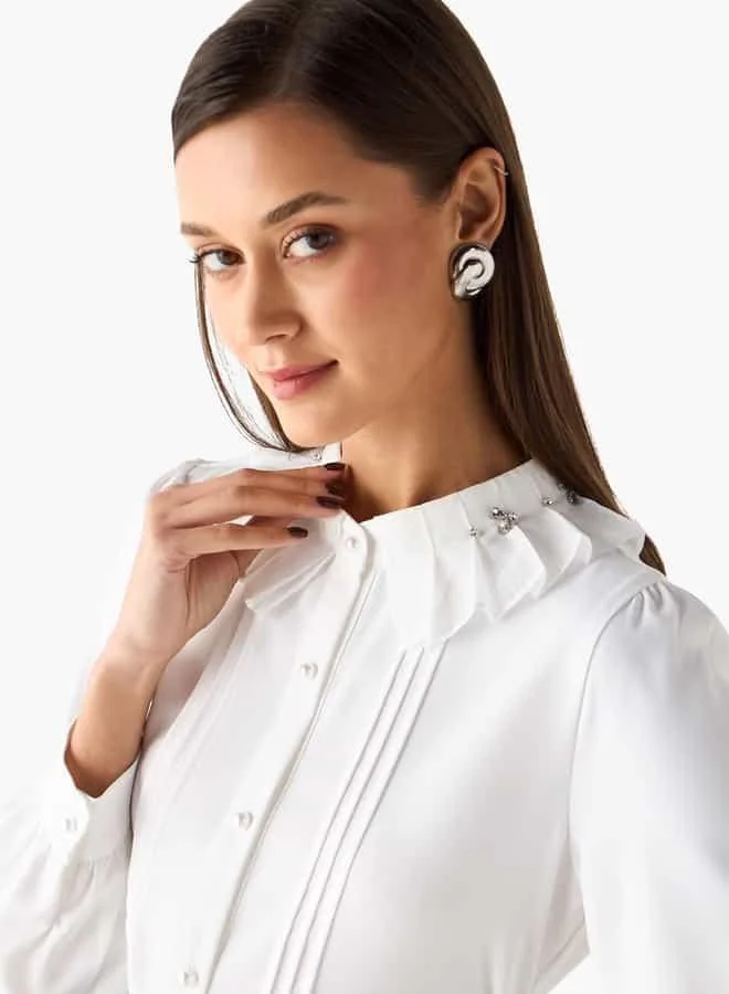 2Xtremz 2Xtremz Pintuck Embellished Ruffle Collar Shirt with Long Sleeves