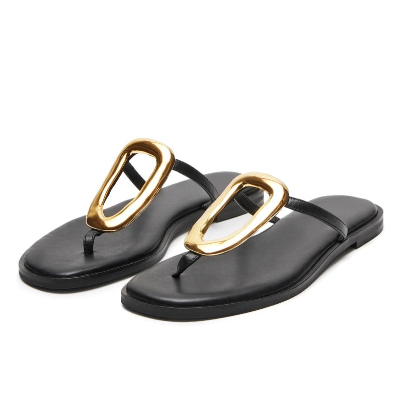 Wnshonzy Flip-Flops for Women Thong Sandals Flat Black Slip on Slides Leather Beach Comfort Open Square Toe Ladies Slipper Dressy Metal Hardware Decoration Summer Shoes Casual Fashion - Image 1