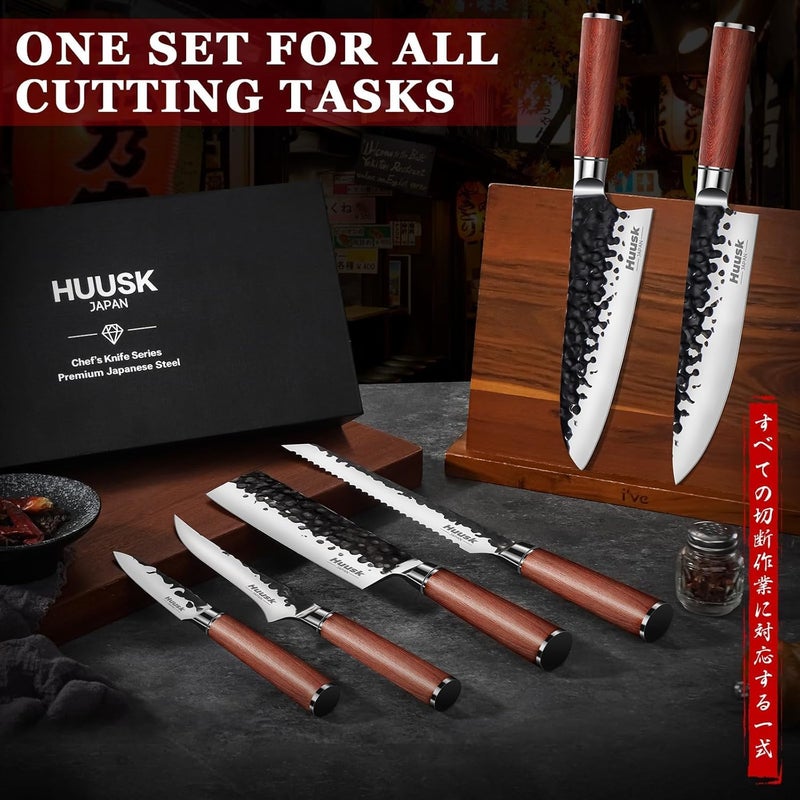 Huusk Japanese Chef Knife Set 6 pcs, Kitchen Knives with Hand-forged High Carbon Steel Blade, Sharp Cooking Knife Set with Ergonomic Wood Handle, Professional Kitchen Knives Sets, Christmas Gifts - Image 5