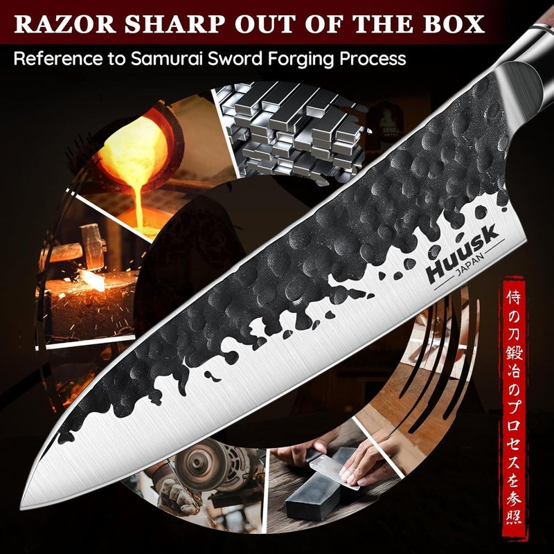 Huusk Japanese Chef Knife Set 6 pcs, Kitchen Knives with Hand-forged High Carbon Steel Blade, Sharp Cooking Knife Set with Ergonomic Wood Handle, Professional Kitchen Knives Sets, Christmas Gifts - Image 3
