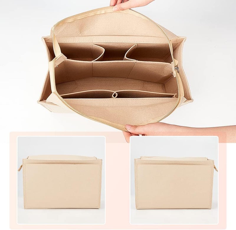 klarako Felt Zipper Handbag Organizer Insert, Felt Tote Bag Insert Rectangle Purse Organizer Bag In Bag Multiple Compartments Bag Insert Interior Shaper for LV ONTHEGO GM, Beige, 14.6x6.5x9.4 Inch - Image 3
