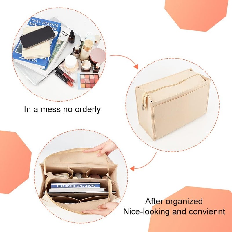 klarako Felt Zipper Handbag Organizer Insert, Felt Tote Bag Insert Rectangle Purse Organizer Bag In Bag Multiple Compartments Bag Insert Interior Shaper for LV ONTHEGO GM, Beige, 14.6x6.5x9.4 Inch - Image 5