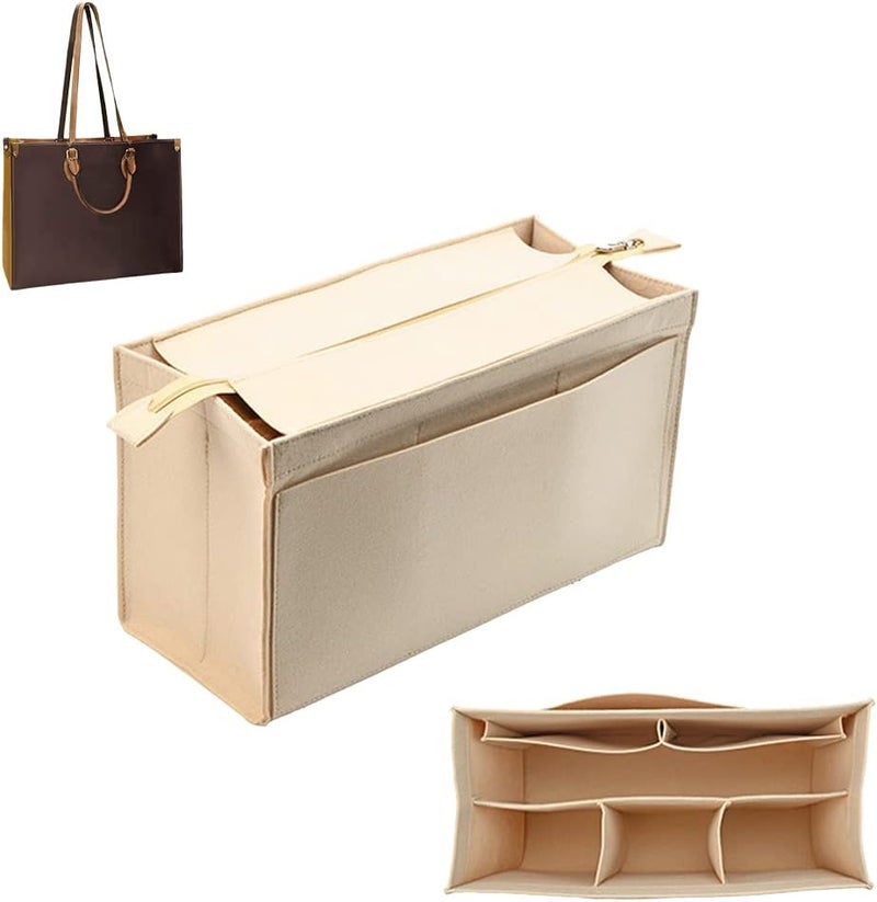 klarako Felt Zipper Handbag Organizer Insert, Felt Tote Bag Insert Rectangle Purse Organizer Bag In Bag Multiple Compartments Bag Insert Interior Shaper for LV ONTHEGO GM, Beige, 14.6x6.5x9.4 Inch - Image 1