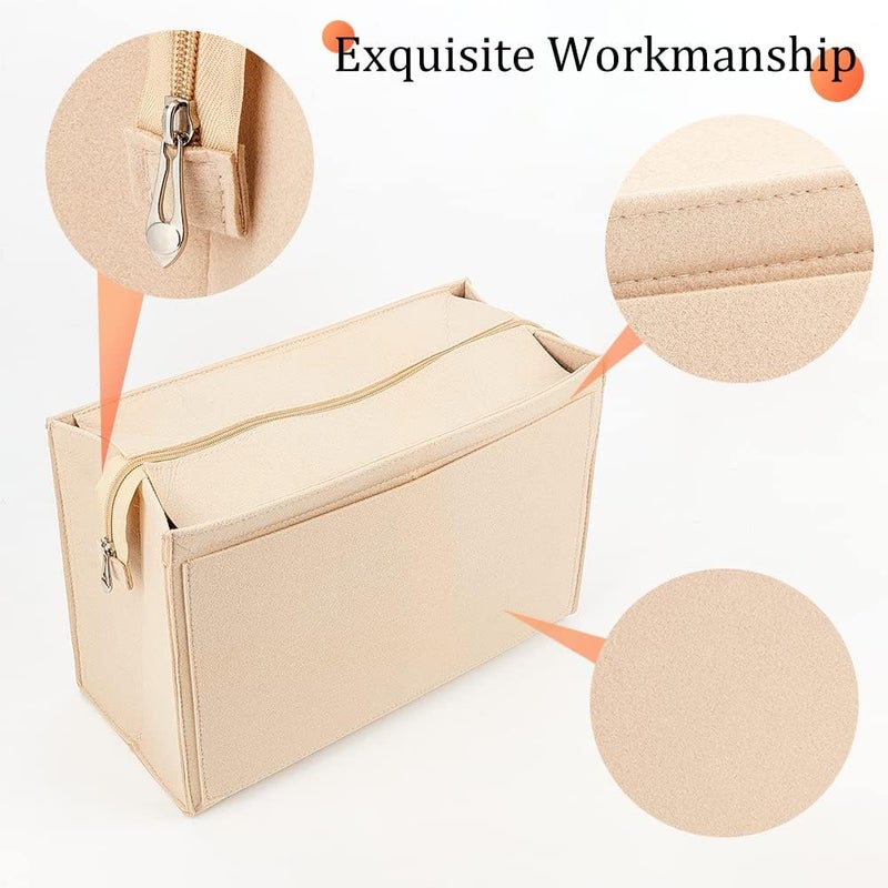 klarako Felt Zipper Handbag Organizer Insert, Felt Tote Bag Insert Rectangle Purse Organizer Bag In Bag Multiple Compartments Bag Insert Interior Shaper for LV ONTHEGO GM, Beige, 14.6x6.5x9.4 Inch - Image 4