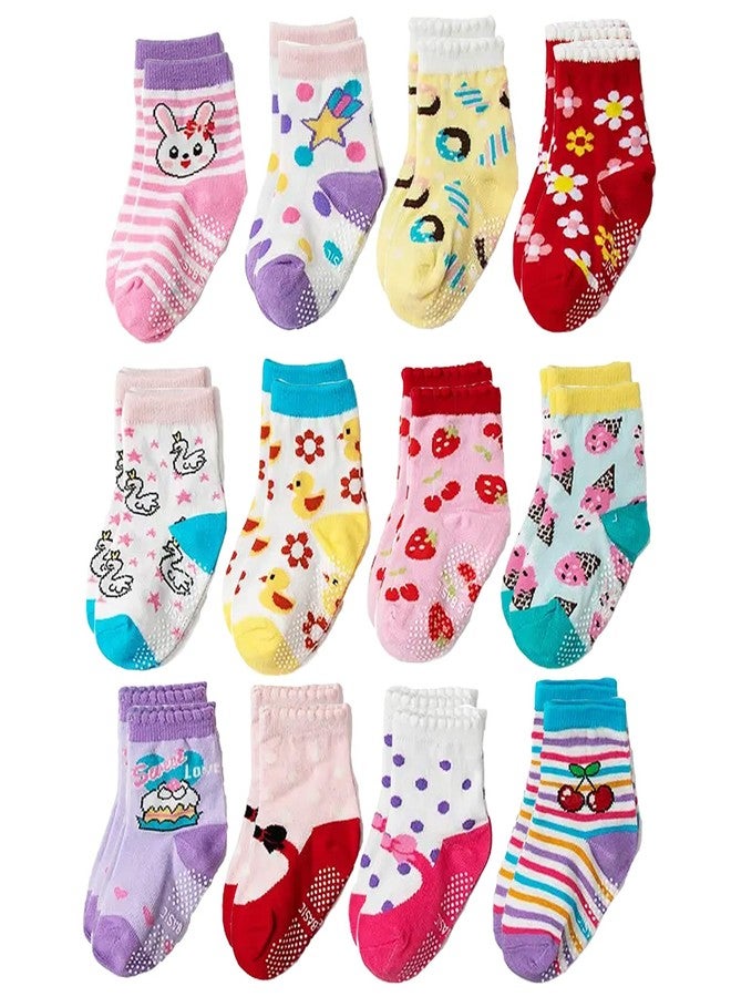 FIMALIA Organic Cotton Anti-Skid Socks Non Slip Kids Toddler Socks with Grip | (Pack of 4,6 &12 Pair) (Color & Print May Vary) (0 to 5 years size) (IN, Age, 6 Months, 12 Months, 4 Pair (Girls)) - Image 1