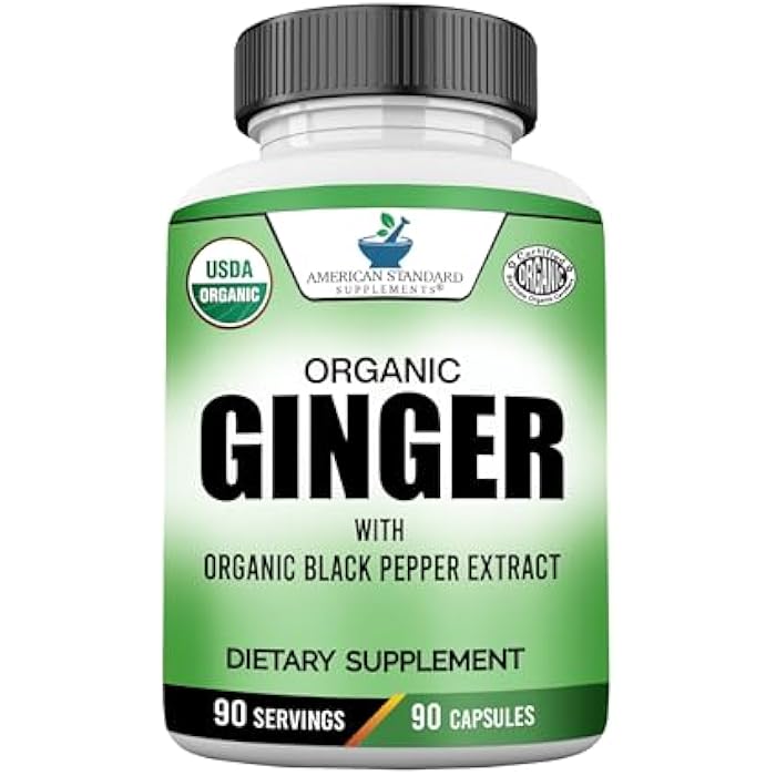 American Standard Supplements Organic Ginger Extract with Organic Black Pepper Extract, Vegan, Gluten Free, Non-GMO, 90 Capsules, 90 Servings - Image 1