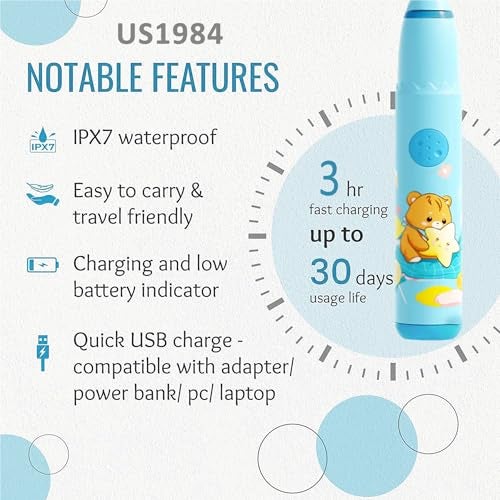 US1984 Sonic Electric Toothbrush for Kids with 4 Modes, 3 Brush Heads & Rechargeable Battery, Ultra Soft Nylon Bristles, IPX7 Waterproof, Electric Power Tooth brush (Blue & Pink) - Image 3
